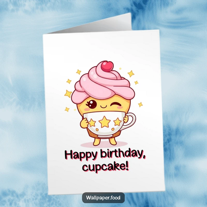 Funny Free Printable Cupcake Birthday Card: A winking cupcake offers a teacup made of stars, wishing a magical birthday.