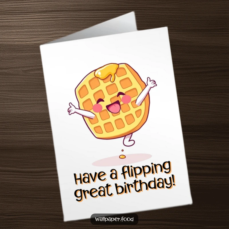 Funny Free Printable Happy Birthday card: a gleeful waffle character with dripping syrup attempting a cartwheel.