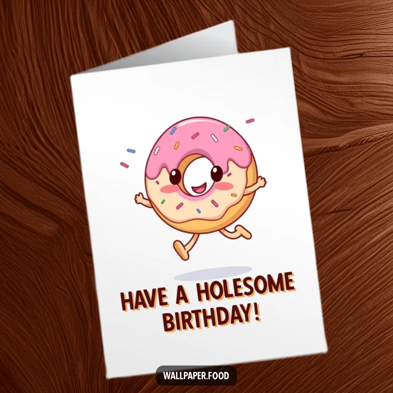 Funny Free Printable birthday card of a smiling donut character skipping merrily with colorful sprinkles flying everywhere.