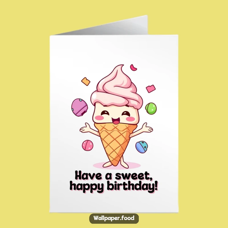 Free Printable Birthday Card: Giggling Ice Cream Juggler, Fun Downloadable Gift