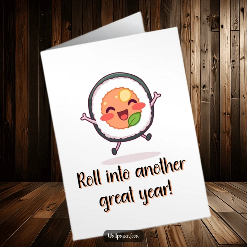 Funny free printable birthday card of a sushi roll with legs joyfully leaping, perfect for food lovers.