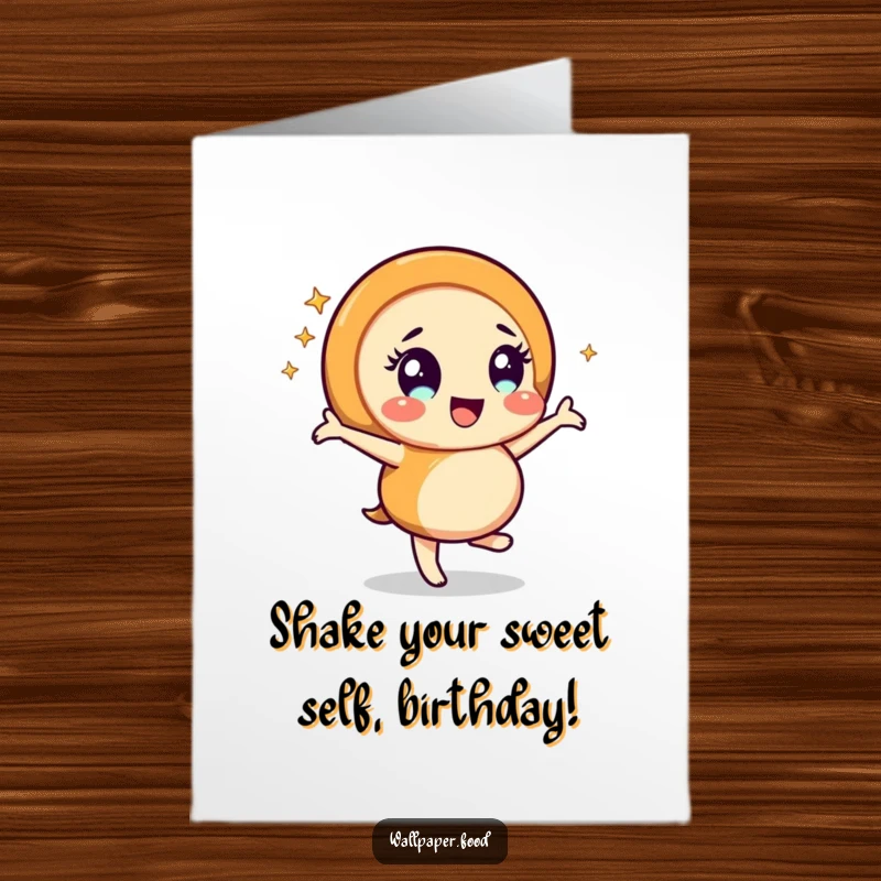 Funny Free Printable Birthday Card: A joyful caramel swirl character energetically dancing with a dazzling sparkle effect, spreading cheer.