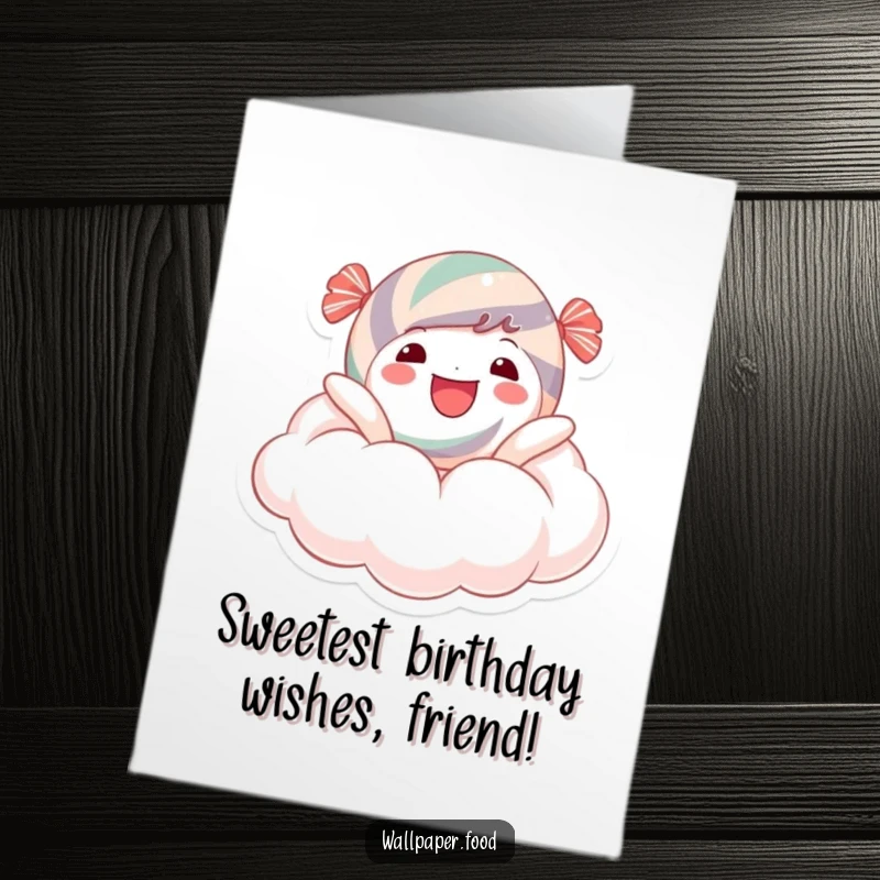 Funny free printable birthday card of a happy candy character blissfully floating on a fluffy cloud made of sugar. A sweet DIY wish.