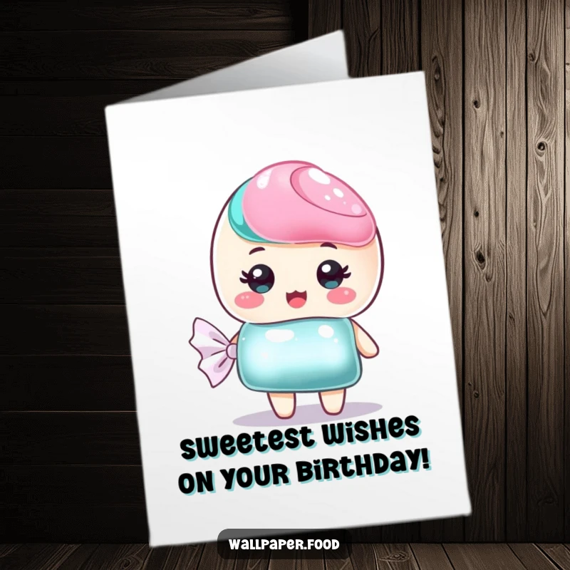 Funny Free Printable Birthday Card: Sweet candy character with a shimmering wrapper wishing you a happy, sweet birthday.