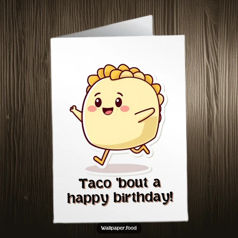Funny Free Printable Birthday Card: A cheerful taco character with tiny legs joyfully hops, celebrating a birthday with zest.