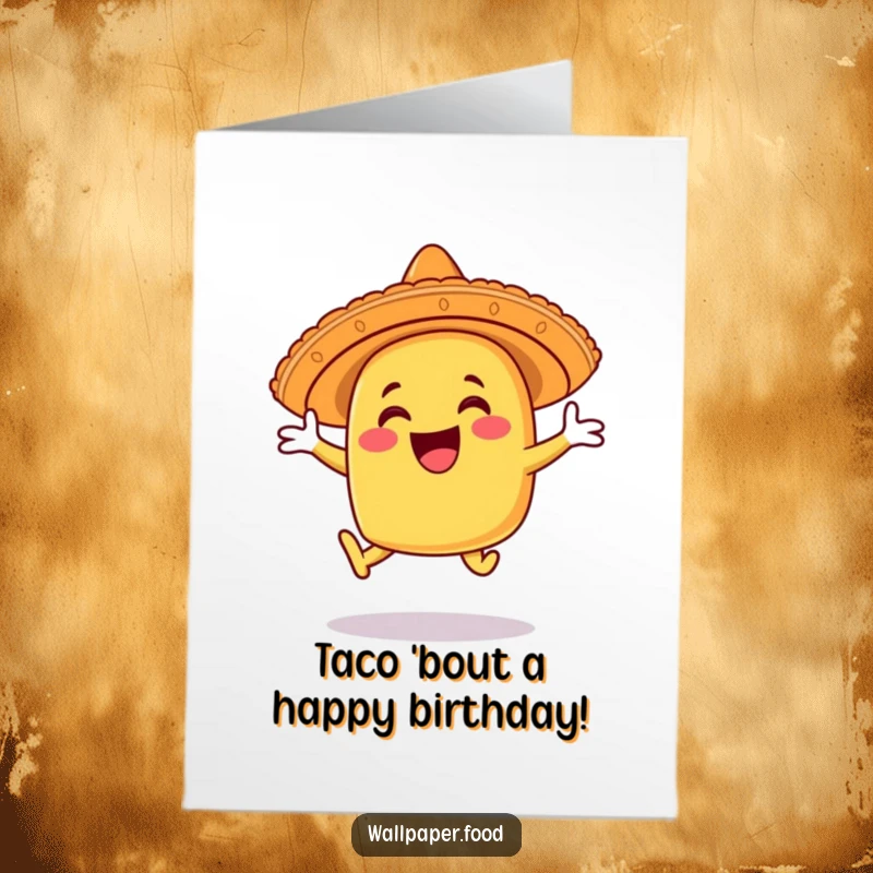 Funny Free Printable Birthday Card: A delighted taco character wearing a sombrero leaps joyfully, ready to celebrate a fantastic birthday.