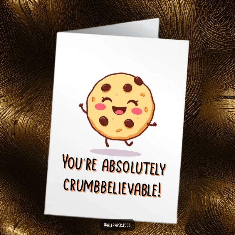 Funny Free Printable Congratulations Card: A smiling cookie character with chocolate chips doing a celebratory hop, full of glee.