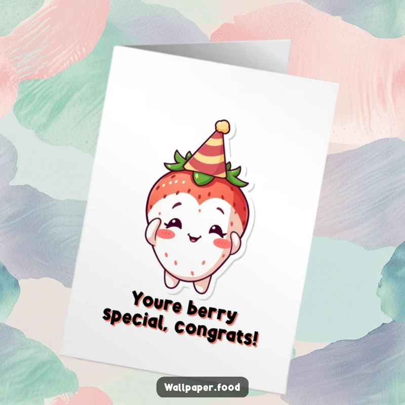 Funny Free Printable Congratulations Card: Curious strawberry character playfully adjusts a small party hat, celebrating success.