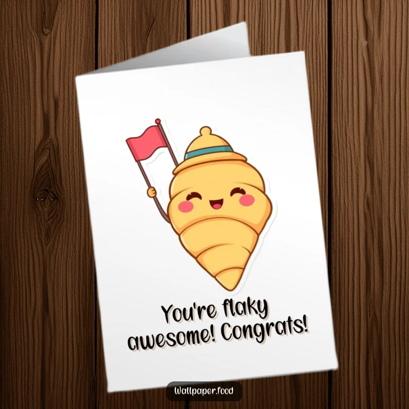 Funny Free Printable Congratulations Card: A cheerful croissant in a jaunty hat, waving a tiny flag in celebration.