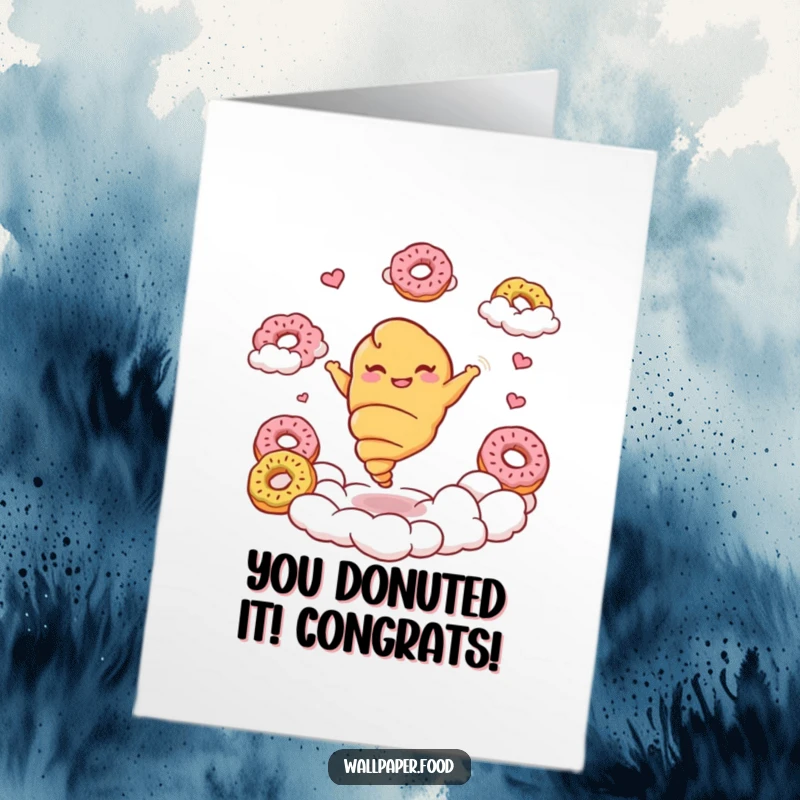 Funny Free Printable Croissant Congratulations Card: A giggling croissant character twirls gracefully among donut clouds, celebrating big news.