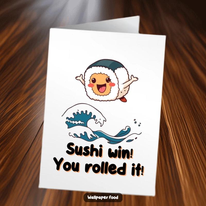 Funny Free Printable Sushi Congratulations Card: A cheerful sushi roll leaps happily over stylized wave patterns, celebrating great news.