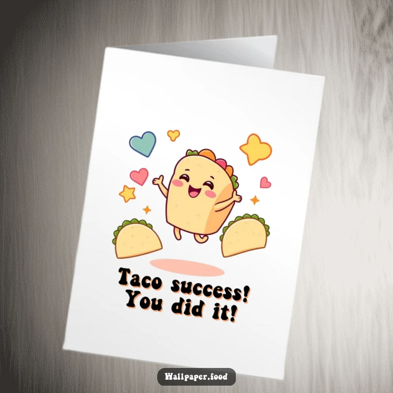 Funny Free Printable Taco Congratulations Card: A happy taco character dances joyfully through floating taco shapes, celebrating success.
