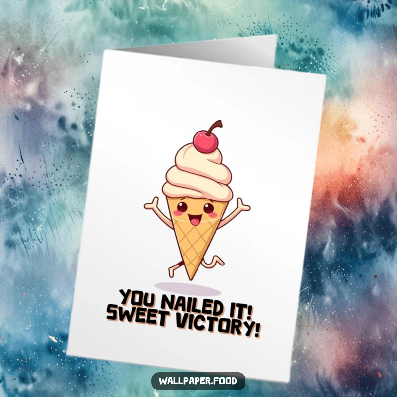 Funny free printable congratulations card of a hopping ice cream cone with a cherry on top bouncing.