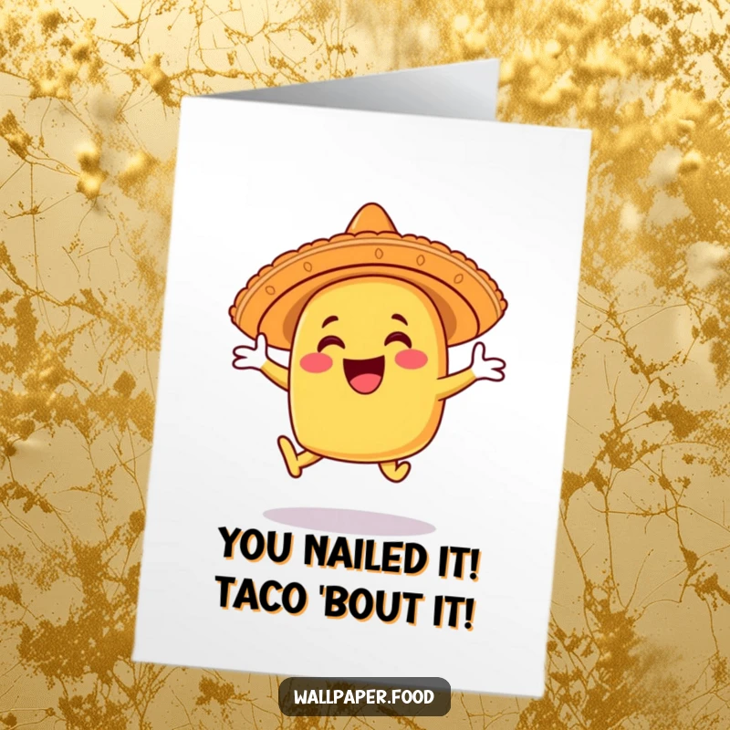 Funny Free Printable Congratulations Card: A tremendously happy taco in a sombrero executes a jubilant leap, celebrating a wonderful achievement.
