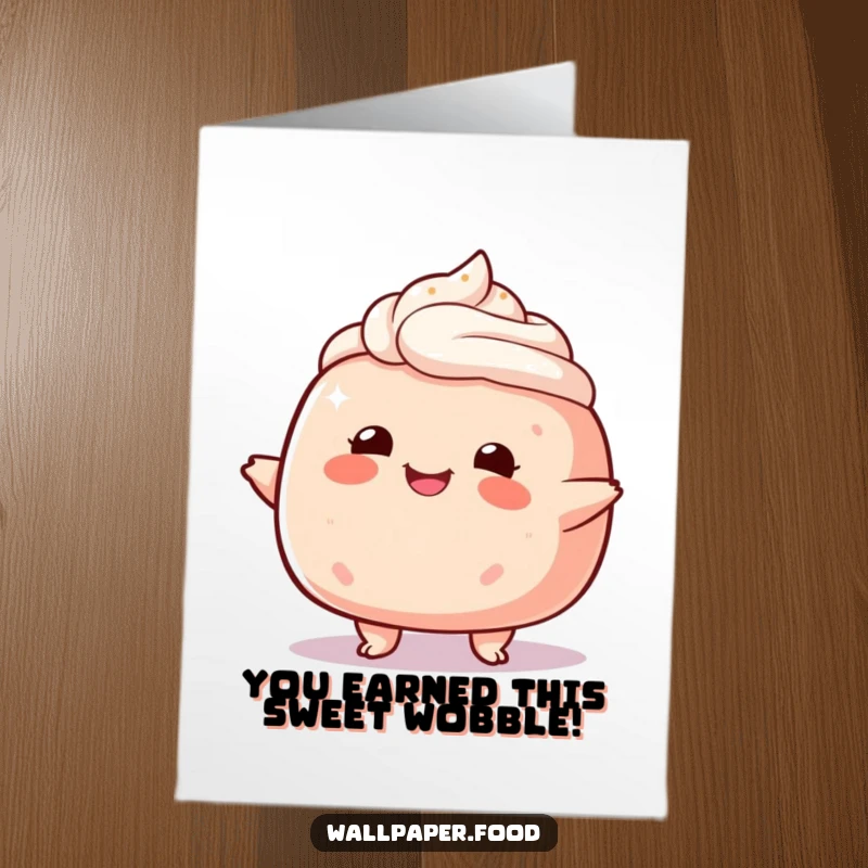 Funny Free Printable Congrats Card: Plump cake character doing a happy wobble, conveying humorous congratulations and good cheer.