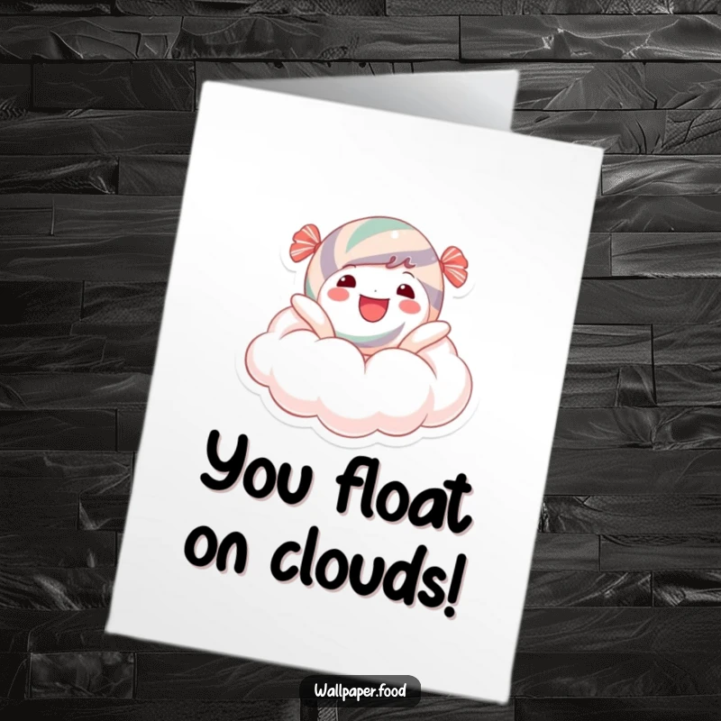 Funny free printable congratulations card of a candy character joyfully drifting on a sugary cloud. A dreamy, downloadable message.