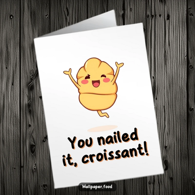 Funny free printable congratulations card showcasing a happy croissant character in a perfect pirouette. A stylish, downloadable celebration.