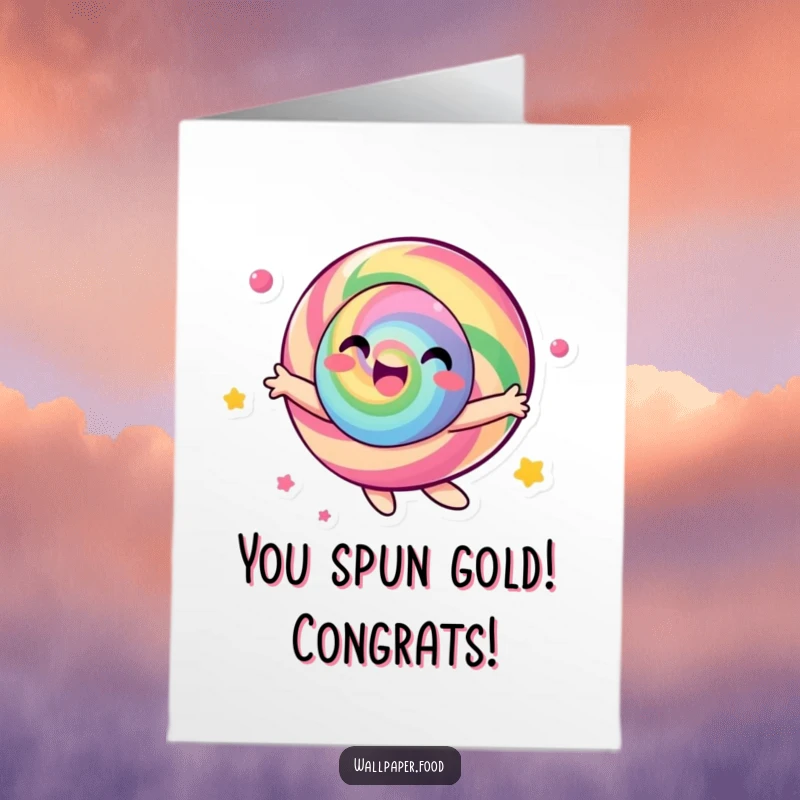 Funny Free Printable Congrats Card: Vibrant candy character spinning with excitement, perfect for humorous congratulatory messages.