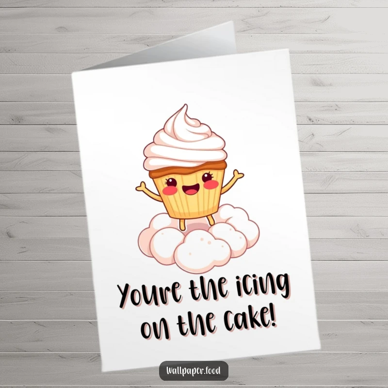 Funny Free Printable Congratulations Card showing a happy cupcake character bouncing gleefully on a whipped cream cloud.