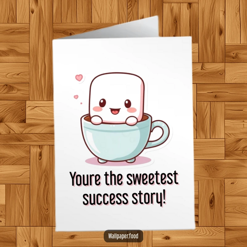 Free Printable Congratulations Card showing a joyful bouncing marshmallow character in a cocoa cup, cheering for success.