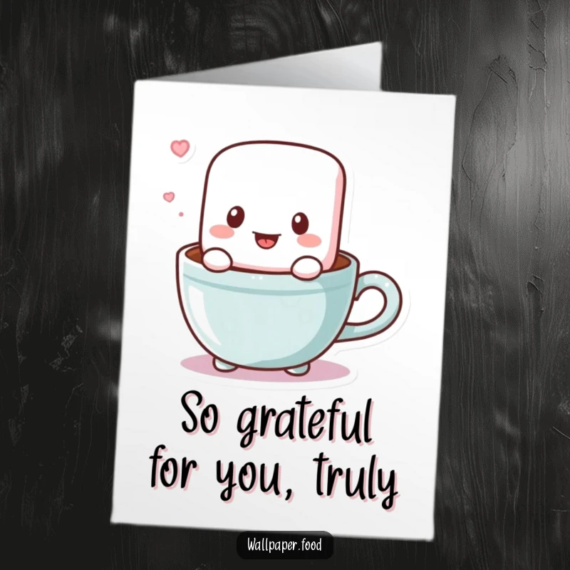 Free Printable Thank You Card featuring a happy bouncing marshmallow character in a cocoa cup, sending warm appreciation.