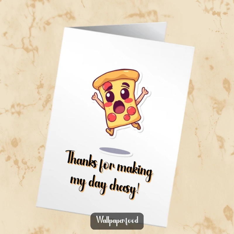 Funny Free Printable Thank You Card: An amazed pizza slice character soaring through the air, full of thanks.