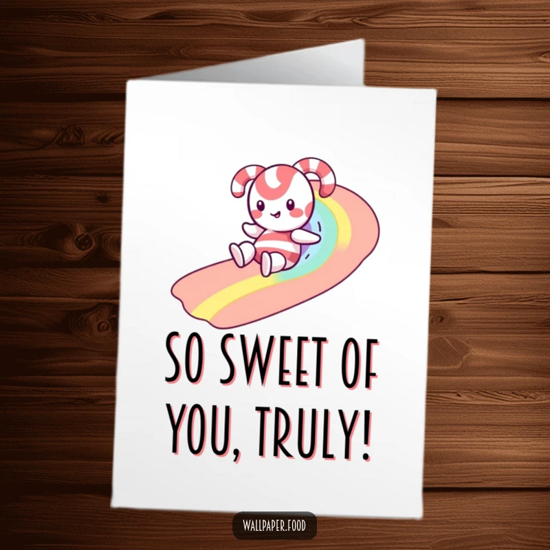 Funny Free Printable Thank You Card: Cheerful candy cane slides down a bright rainbow of sprinkles.