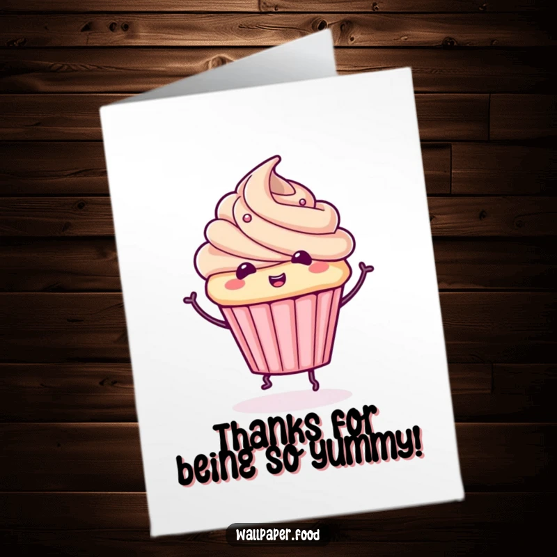 Funny Free Printable Thank You Card: A cute cupcake character with frosting doing a happy, whimsical spin, saying thank you.