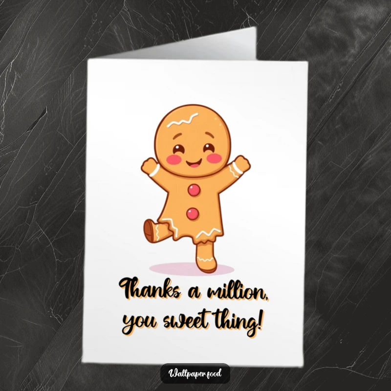 Funny Free Printable thank you card of a playful gingerbread man character doing a silly dance, conveying heartfelt thanks.