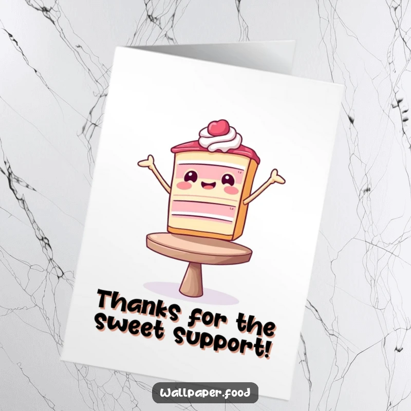 Funny Free Printable Thank You Card: A happy slice of cake precariously balanced, showing gratitude with a comical twist.