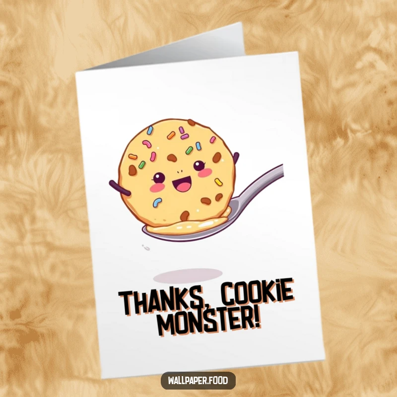 Funny Free Printable Thank You Card: A cookie with sprinkles enthusiastically jumping from a spoon to show thanks.