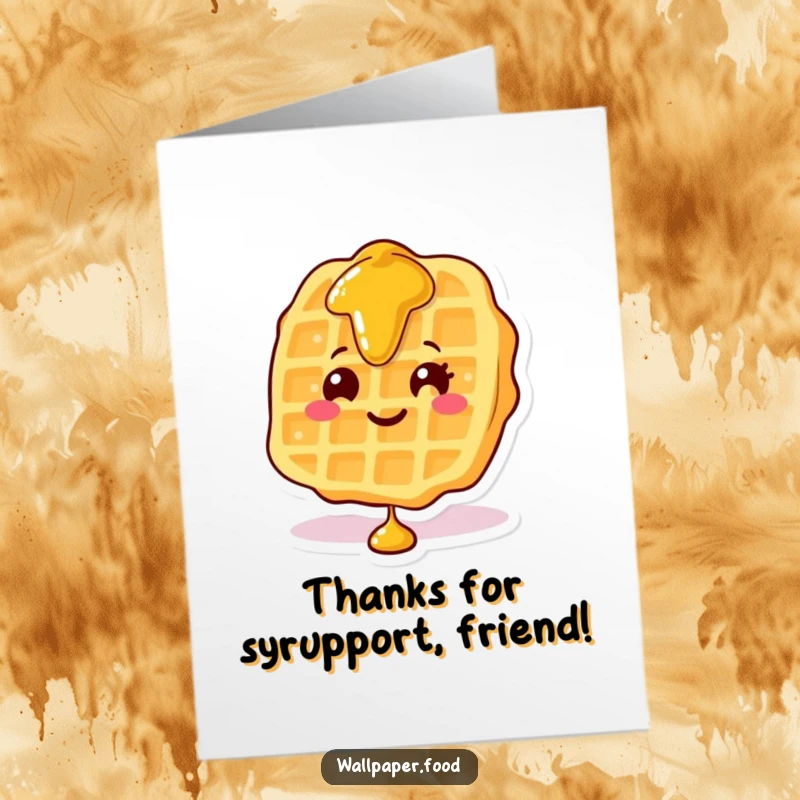 Funny Free Printable Thank You Card: A smiling waffle character is covered in cascading syrup, expressing thanks.