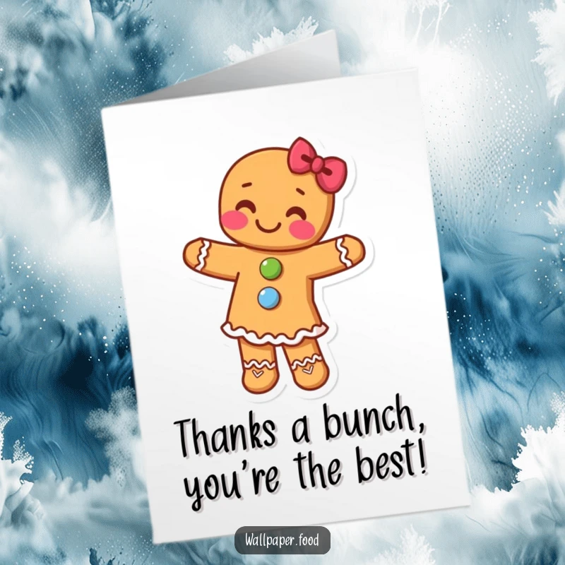 Funny Free Printable Thank You card showcasing a gingerbread person with candy buttons dancing ecstatically.