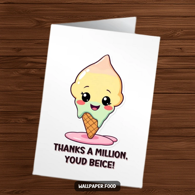 Free Printable Thank You Card featuring a happy ice cream cone character melting slightly, sending sweet appreciation.