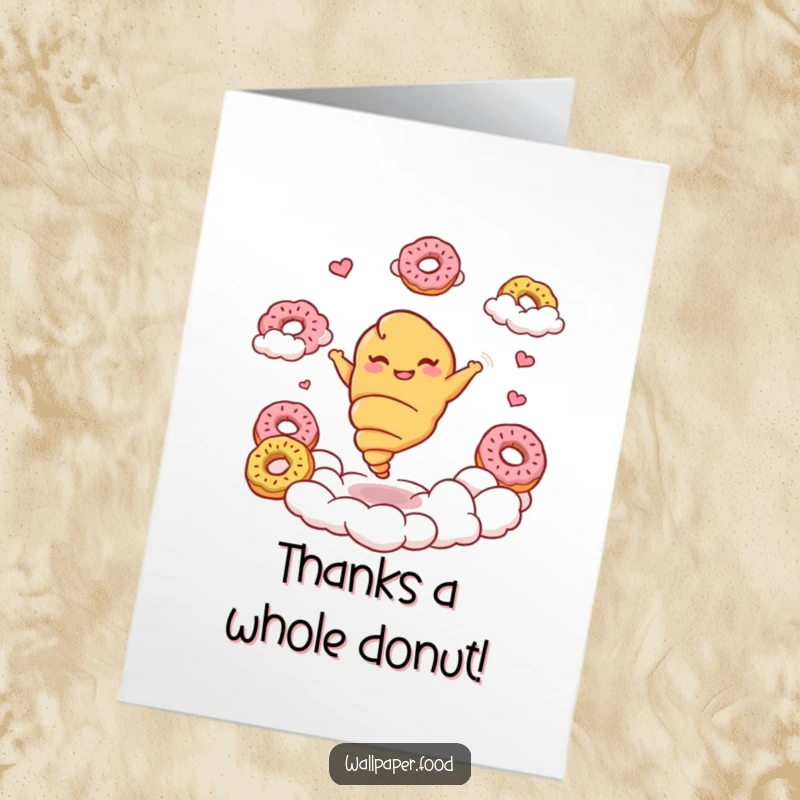 Funny Free Printable Croissant Thank You Card: A giggling croissant twirls gracefully among donut clouds, sharing sincere thanks.