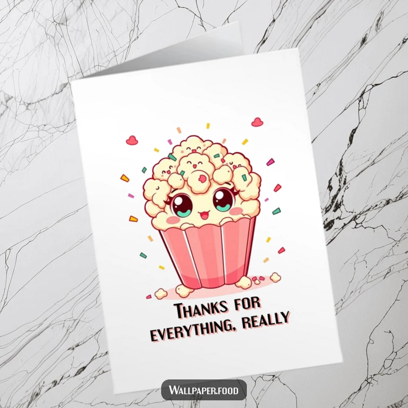 Funny Free Printable Thank You Card: A happy piece of popcorn enthusiastically throwing confetti to express sincere thanks.
