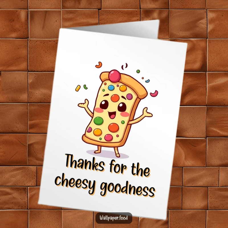 Funny Free Printable Thank You Card: a pizza slice character juggling toppings with joy to express thanks.
