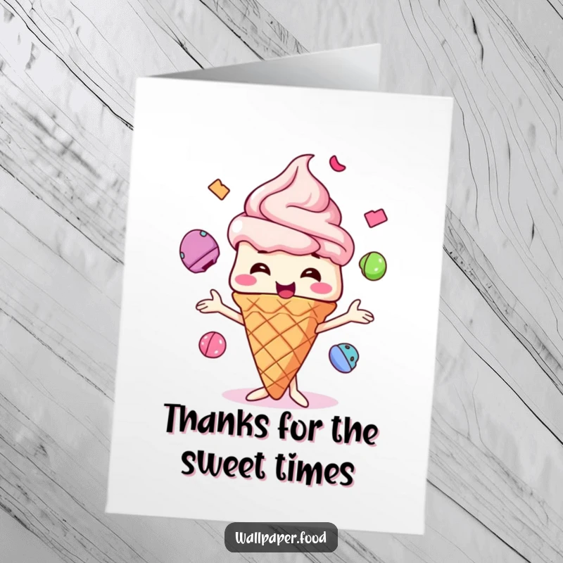 Funny Free Printable Thank You Card: Giggling ice cream cone juggles colorful scoops, offering a sweet, cheerful thank you.