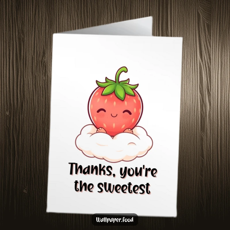 Funny Free Printable Thank You Card: A blushing strawberry character resting on a cream cloud, conveying sincere thanks.