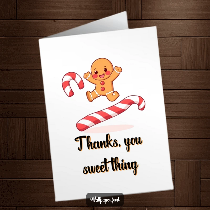 Funny Free Printable Thank You Card: A joyful gingerbread man leaping over candy cane stripes, showing thanks.