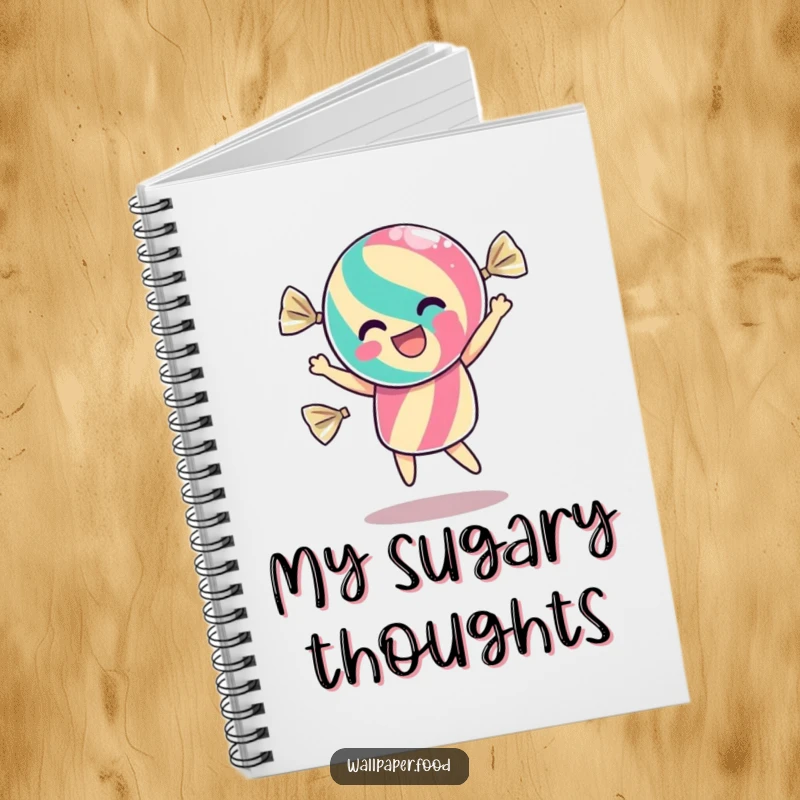 Funny notebook cover with a dancing candy character inside its wrapper, shimmering with excitement, perfect for jotting down sweet thoughts.