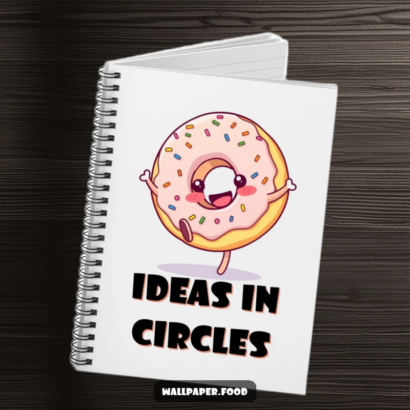Funny donut notebook character with sprinkles doing a delightful cartwheel, ready for your notes and doodles.