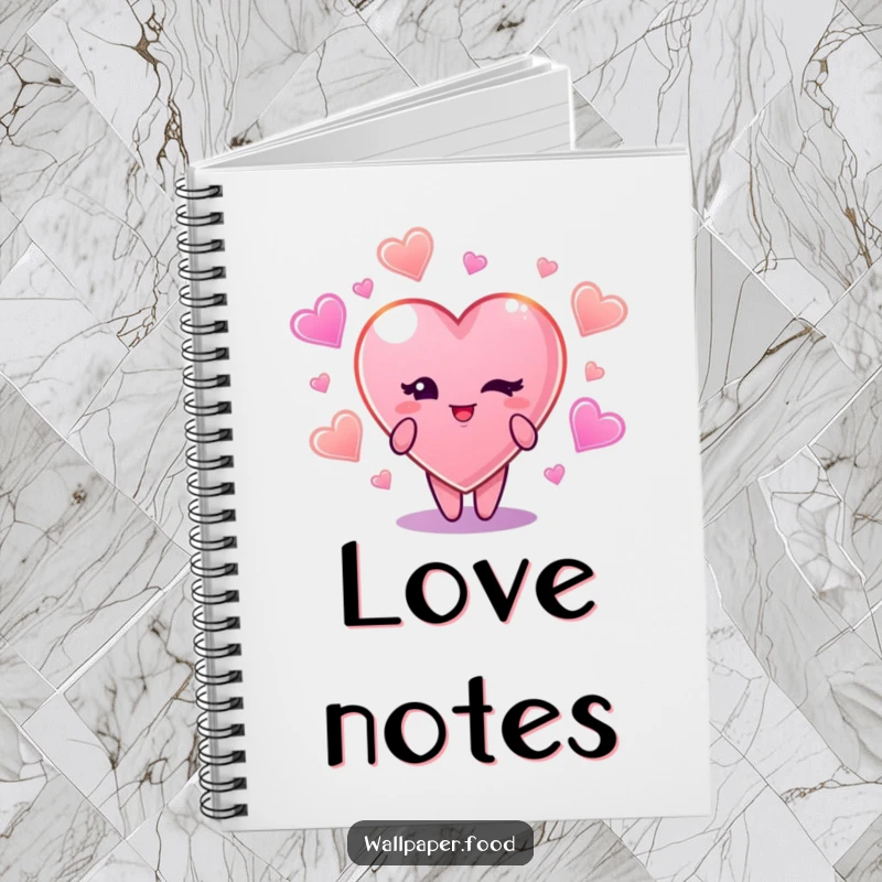 Funny notebook featuring a cute candy heart character winking, surrounded by glowing candy shapes, perfect for notes.