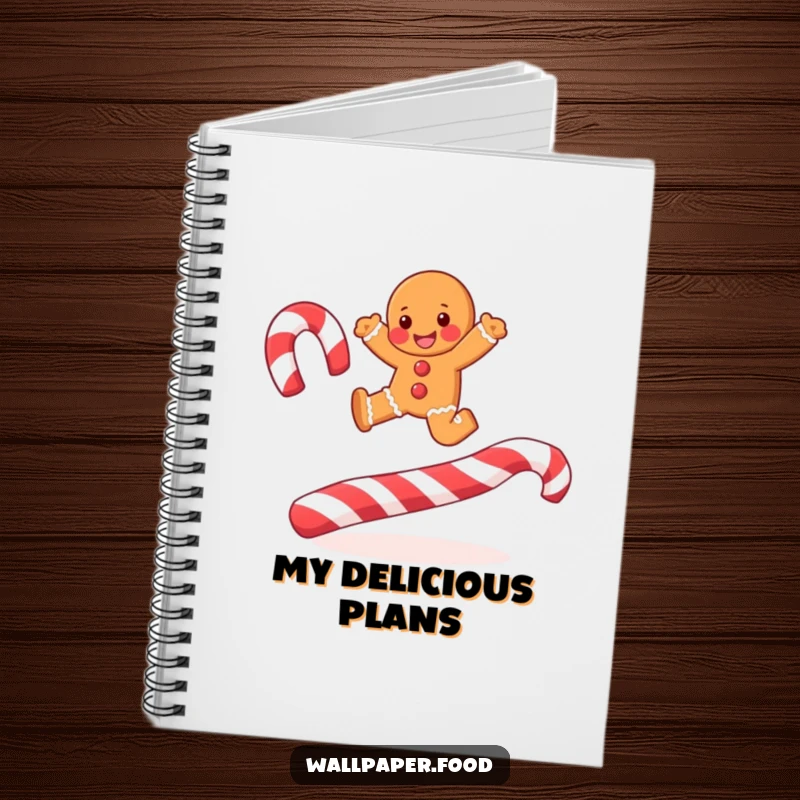 A joyful gingerbread man leaping over candy cane stripes on a notebook, ideal for jotting down festive plans.