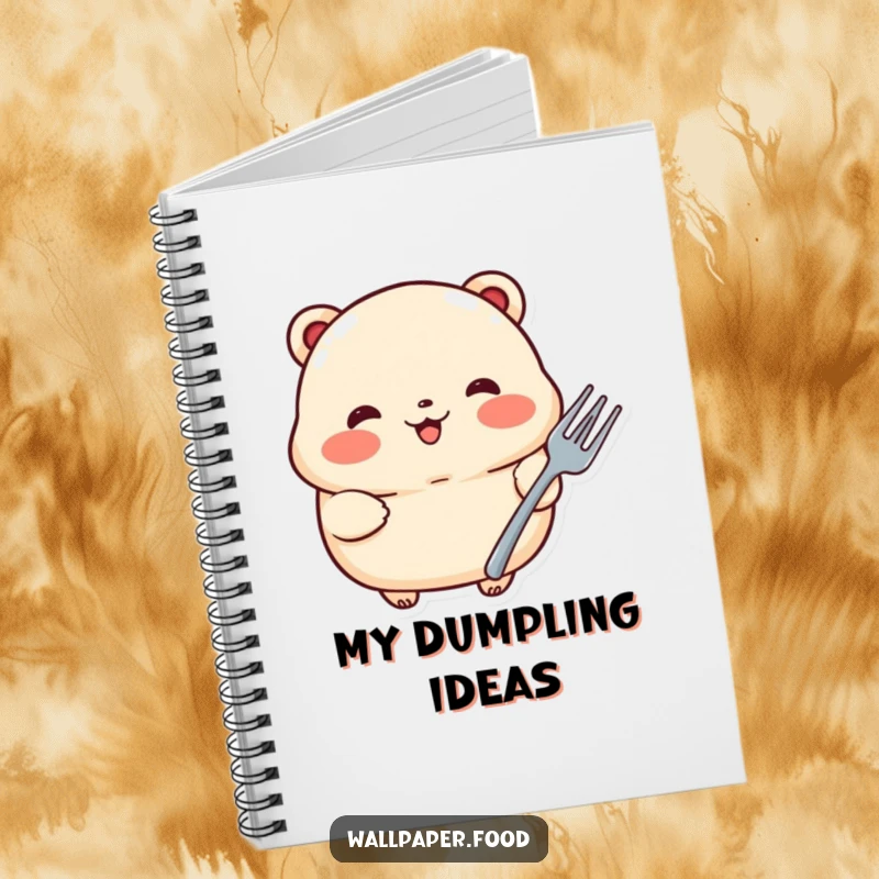 Funny notebook cover with a proud dumpling character holding a tiny fork, perfect for jotting down recipes and foodie thoughts.
