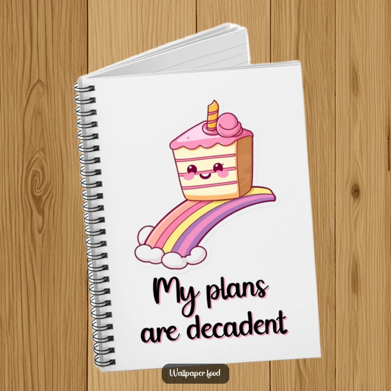 Funny grinning cake notebook sliding down a rainbow, ideal for journaling with sweet, magical humor. Ideal funny gift.