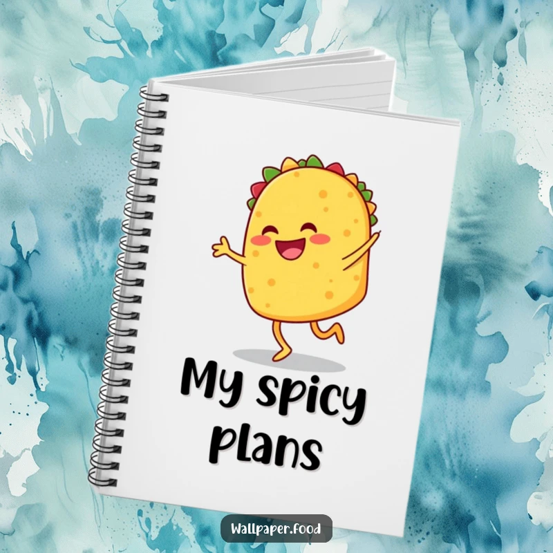 Funny notebook with a smiling taco with legs doing a joyful jig, perfect for taking notes with fiesta flair. A funny gift.
