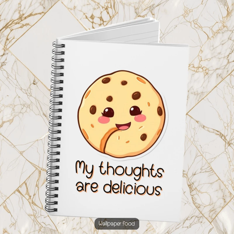 Funny notebook cover with a happy cookie character with a bite taken out and a sweet grin, encouraging creative writing.