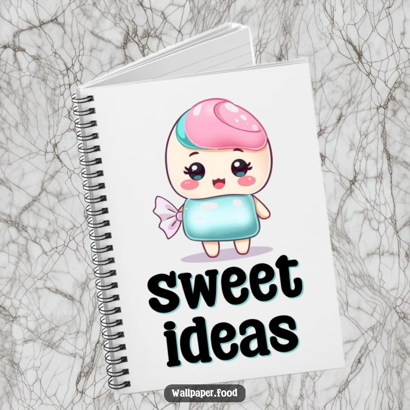 Funny notebook with a sweet candy character and shimmering wrapper, ideal for jotting down sweet thoughts.