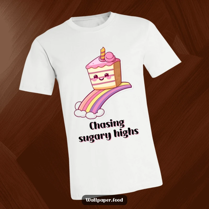 Funny grinning cake T-shirt sliding down a rainbow, perfect for those who love sweet adventures. Great funny gift.